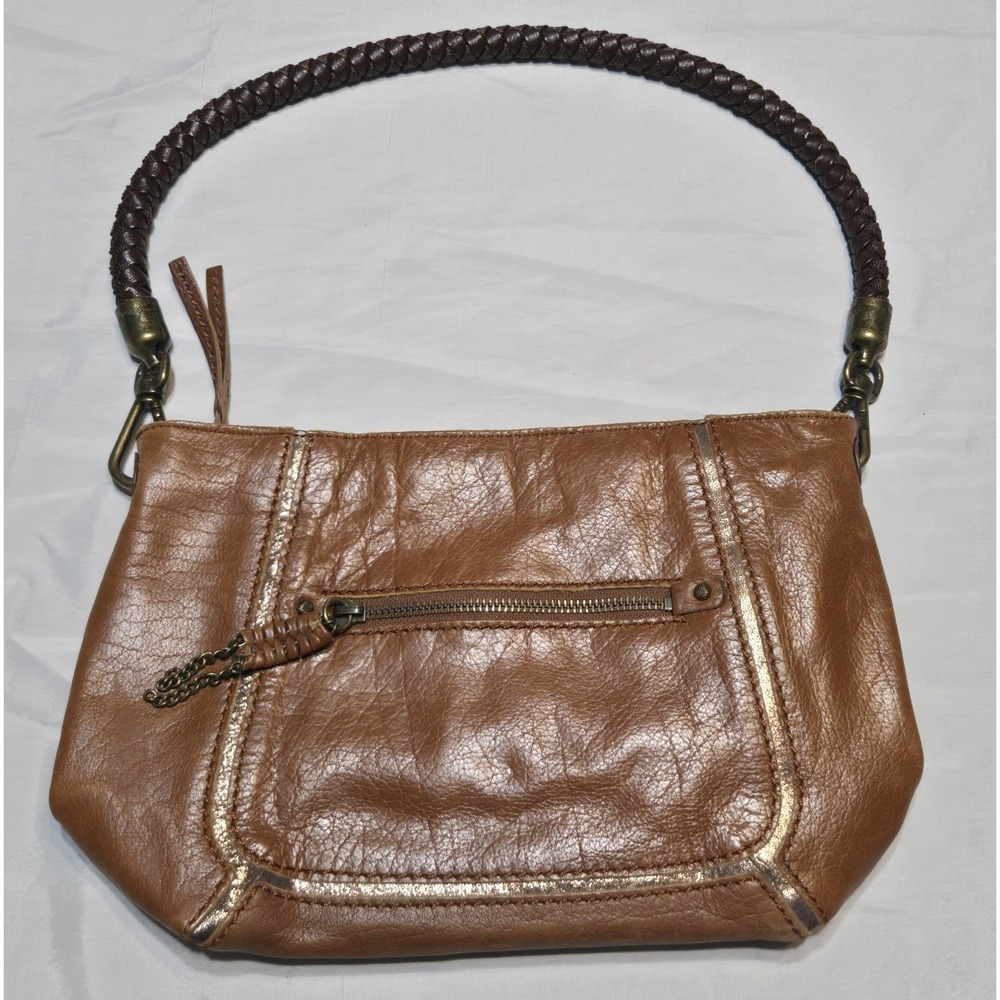 The‎ Sak Leather Hobo Handbag Braided Strap Bronze Metallic Accent Pockets Zip
